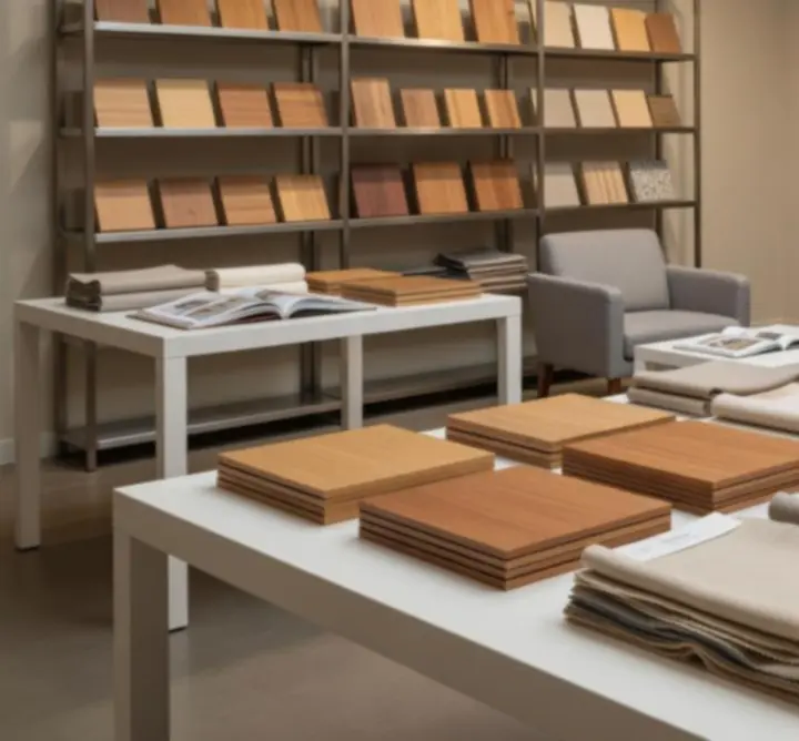 Showroom konsultacyjny z próbkami materiałów i specjalistami ds. projektowania