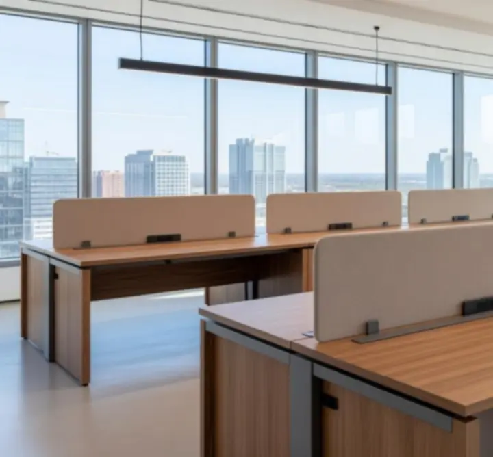 Kompleksowe biuro korporacyjne z koordynowanymi systemami biurek i akcentami w grafitowej szarości