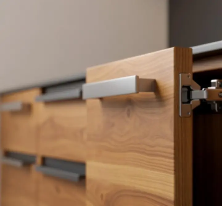 Detale stalowych okuć i mechanizmów premium w kuchni