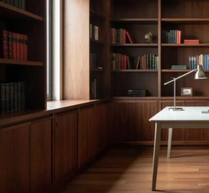 Eleganckie biuro domowe z niestandardowymi szafkami drewnianymi
