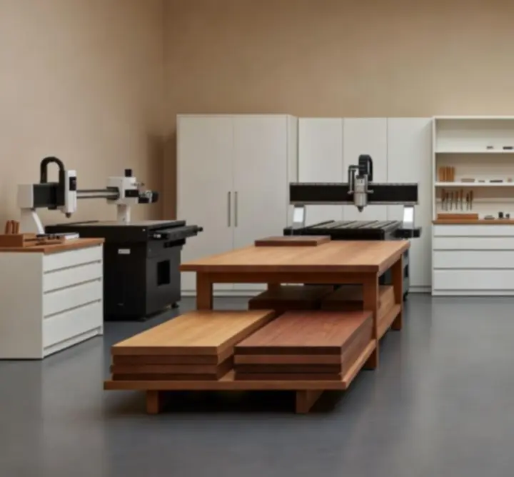 Wnętrze nowoczesnego warsztatu MebeloSync z precyzyjnym wyposażeniem