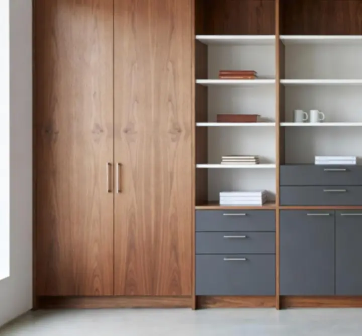 Inteligentne systemy przechowywania biura z ciepłymi wykończeniami drewna