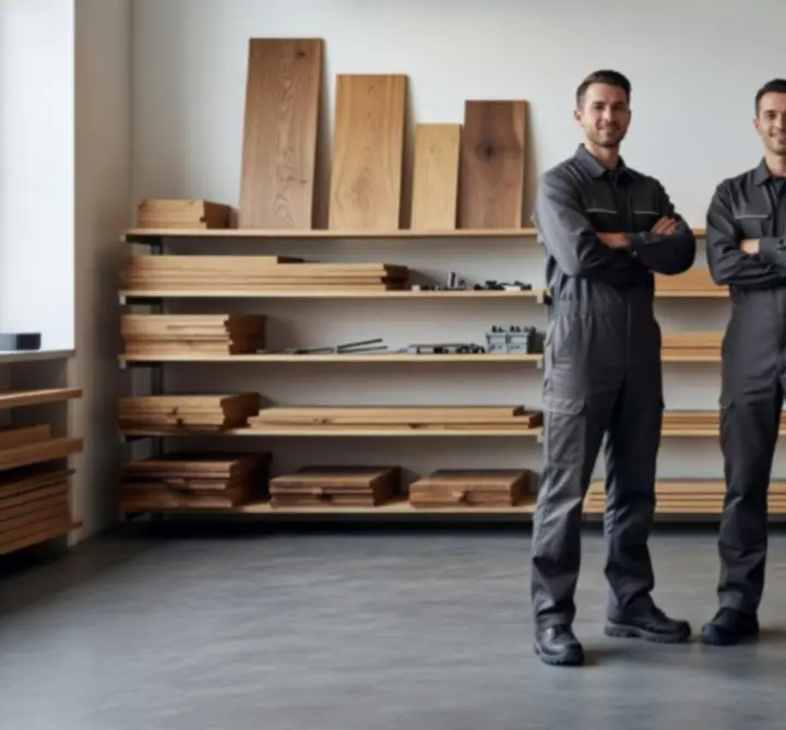 Zespół profesjonalnych stolarzy i instalatorów w warsztacie MebeloSync